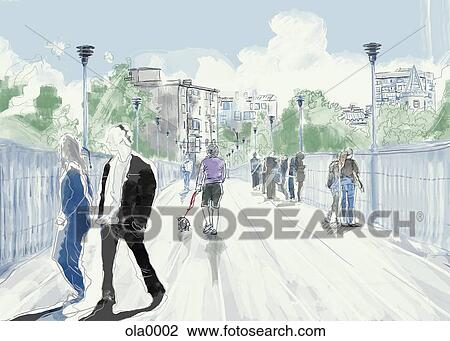 Drawing - People walking across a pedestrian bridge. Fotosearch