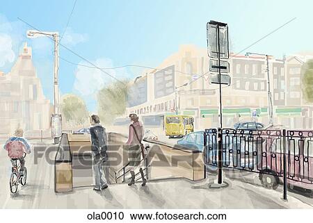 Clipart - People walking from street level down into a subway station. Fotosearch