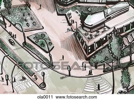 A birds eye view of a city street and intersection Clip Art | ola0011