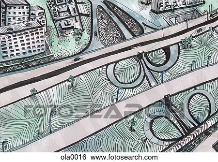 Stock Illustration - A birds eye view of a freeway running along a city. Fotosearch