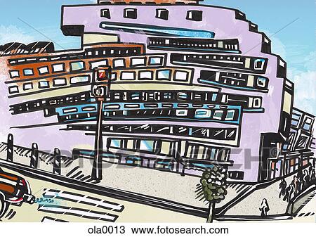 A building on a street corner in a city View Large Illustration Drawing - A building on a street corner in a city. Fotosearch