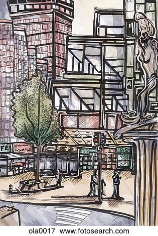 Stock Illustration - A downtown city center street scene with buildings. Fotosearch