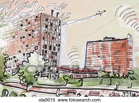 A downtown city scene with an airplane taking off in the distance View Large Illustration Stock Illustration - A downtown city scene with an airplane taking off in the distance. Fotosearch