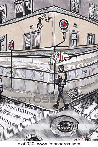 A person crossing the street with an umbrella View Large Illustration Clipart - A person crossing the street with an umbrella. Fotosearch