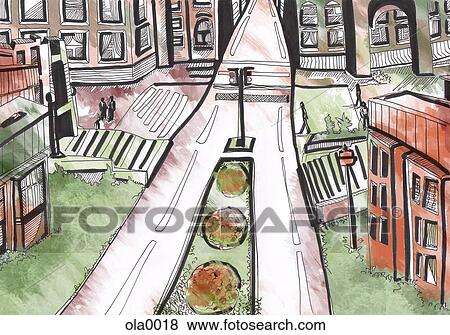 Stock Illustration - An empty intersection and streets in a city. Fotosearch
