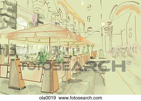 Outdoor patio seating of a restaurant in a city square View Large Illustration Stock Illustration - Outdoor patio seating of a restaurant in a city square. Fotosearch