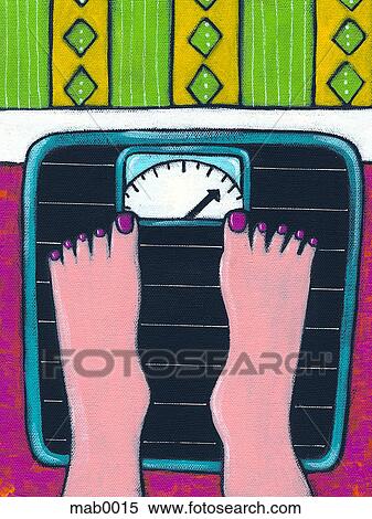 Stock Illustration - A close up of a womans feet standing on a scale. Fotosearch