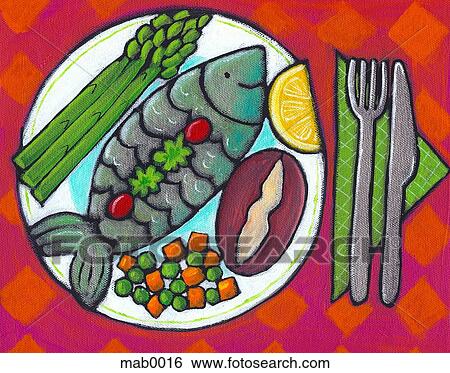 Stock Illustration - A plate of fish and vegetables. Fotosearch