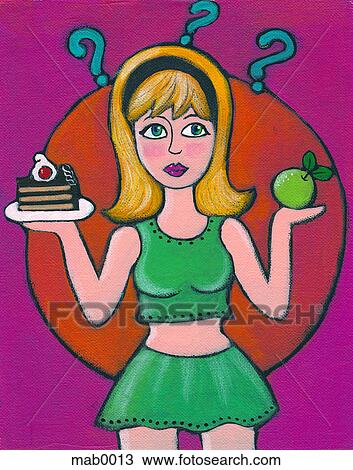 Drawing - A woman deciding to eat an apple or cake for dessert. Fotosearch