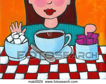 Stock Illustration - A woman declining sugar and opting for sweetener for her coffee. Fotosearch