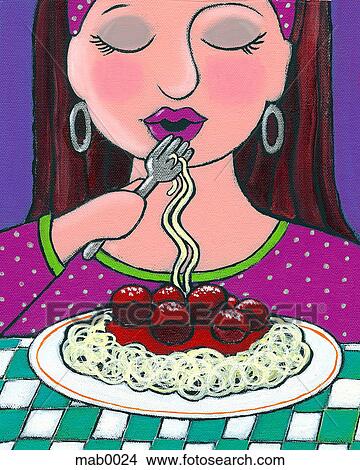 Stock Illustration - A woman eating a plate of spaghetti and meatballs. Fotosearch