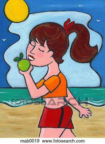 A woman eating an apple while taking a walk on the beach View Large Illustration Stock Illustration - A woman eating an apple while taking a walk on the beach. Fotosearch