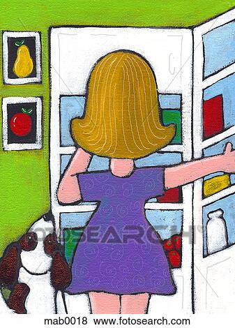 A woman looking in her fridge View Large Illustration Stock Illustration - A woman looking in her fridge. Fotosearch