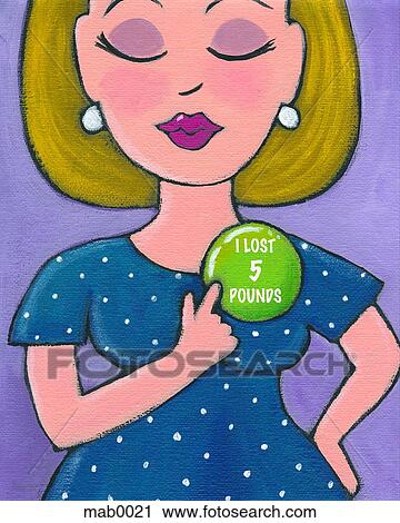 A woman pointing to her weight loss badge View Large Illustration Clip Art - A woman pointing to her weight loss badge. Fotosearch