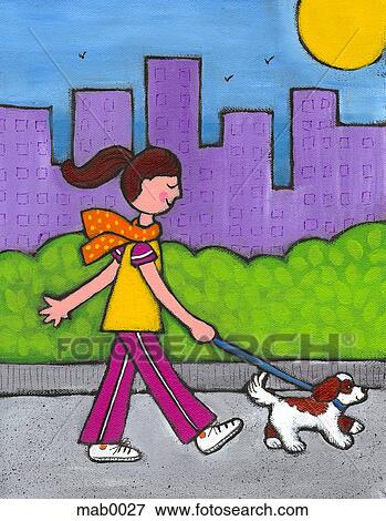 A woman walking her dog View Large Illustration Stock Illustration - A woman walking her dog. Fotosearch