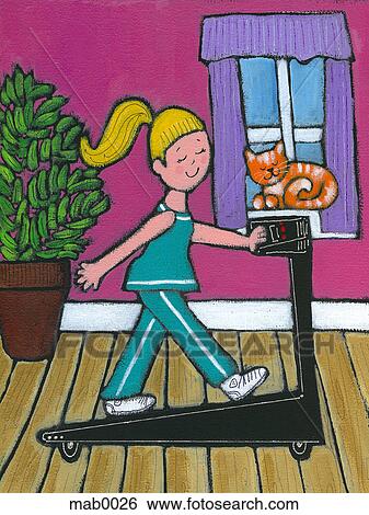 A woman walking on her treadmill View Large Illustration Stock Illustration - A woman walking on her treadmill. Fotosearch