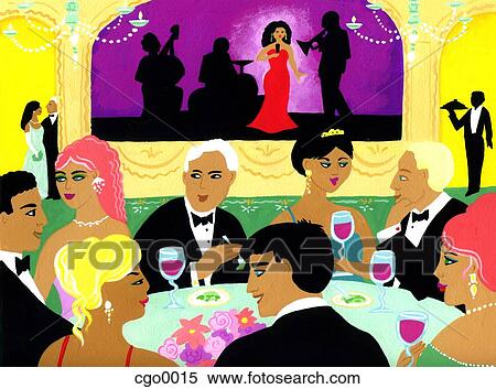Stock Illustration - A gala dinner with a singer perfomring on stage. Fotosearch