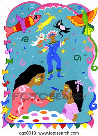 A woman painting a girls face and a juggling clown at a street fair View Large Illustration Drawing - A woman painting a girls face and a juggling clown at a street fair. Fotosearch