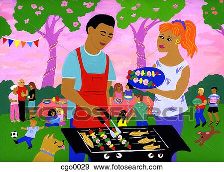 Stock Illustration - Families having a barbeque in the park. Fotosearch