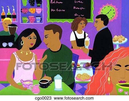 Drawing - People at a coffee shop. Fotosearch