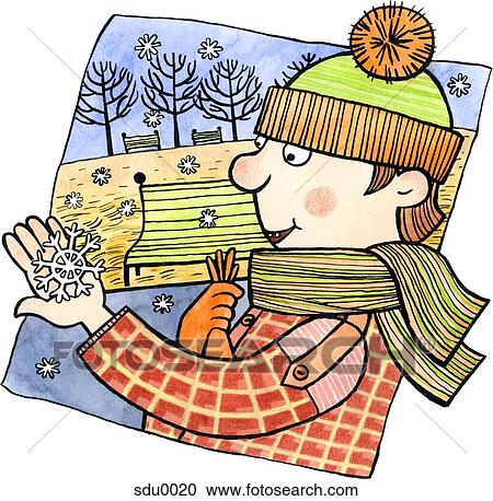 Clipart - A boy taking off his mittens to catch a snowflake. Fotosearch