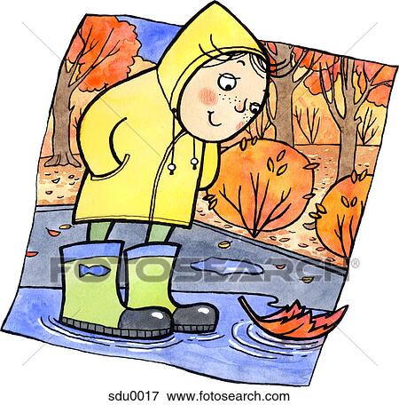 Stock Illustration - A child in rain boots looking at an orange leaf in a puddle. Fotosearch