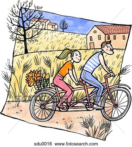 Stock Illustration - A couple on a tandem bicycle with autumn leaves and corn in a basket. Fotosearch