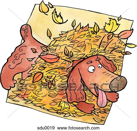 A dog playing in a pile of autumn leaves View Large Illustration Stock Illustration - A dog playing in a pile of autumn leaves. Fotosearch