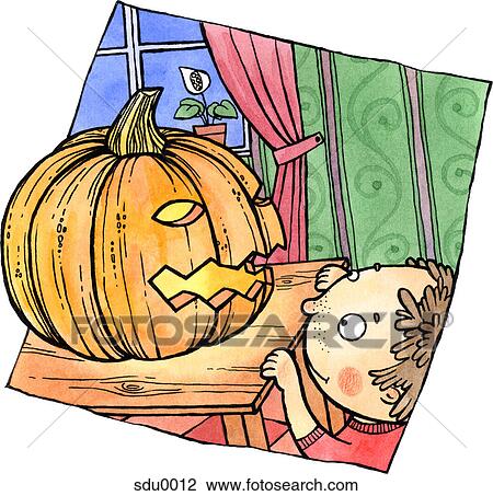 A little boy looking at a jack-o-lantern on a table top View Large Illustration Drawing - A little boy looking at a jack-o-lantern on a table top. Fotosearch