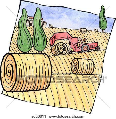 Clip Art - A tractor rolling bales of hay in the field. Fotosearch