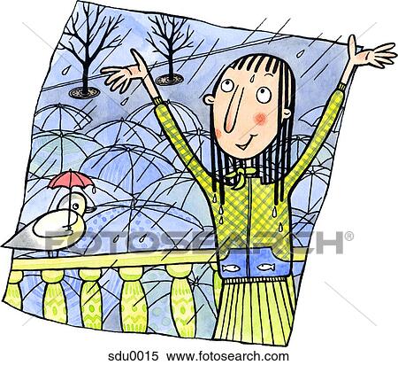 Stock Illustration - A woman enjoying the rain on a balcony over a crowd with umbrellas. Fotosearch
