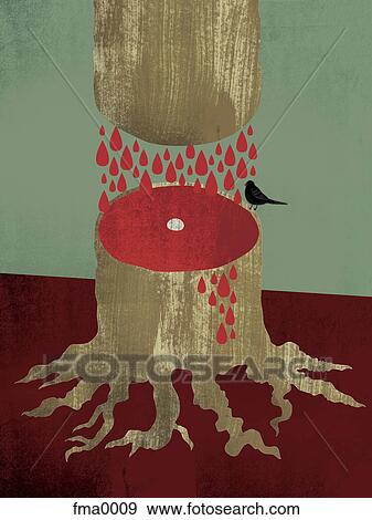 Stock Illustration - A bird sitting on the edge of a cut tree that is bleeding. Fotosearch