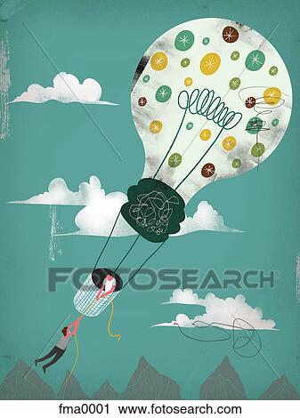 Clip Art - A man hanging off a rope held by another man in a lightbulb shaped hot air balloon. Fotosearch