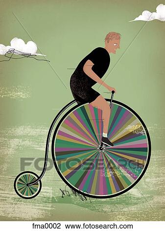 Drawing - A man riding a rainbow colored penny farther. Fotosearch