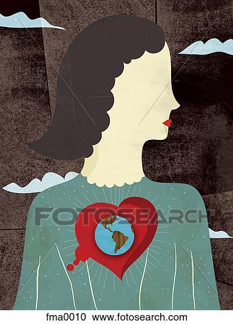 Clipart - A woman with a heart with the world inside it. Fotosearch
