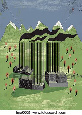 Factories in the mountains with barcode smoke chimneys View Large Illustration Stock Illustration - Factories in the mountains with barcode smoke chimneys. Fotosearch