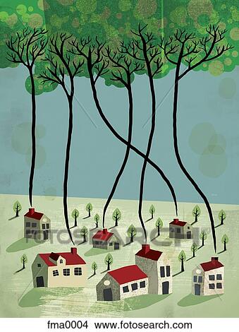 Houses with trees smoking out of the chimneys View Large Illustration Stock Illustration - Houses with trees smoking out of the chimneys. Fotosearch