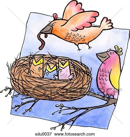 A bird bringing a worm to its young View Large Illustration Stock Illustration - A bird bringing a worm to its young. Fotosearch