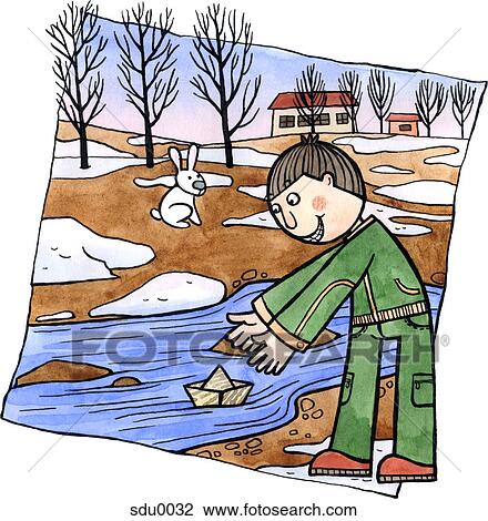 Drawing - A boy letting a paper boat go in a newly melted stream. Fotosearch