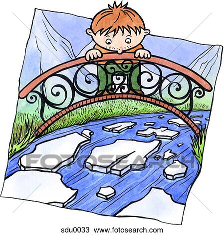 Drawing - A boy standing on a bridge watching a river melt. Fotosearch