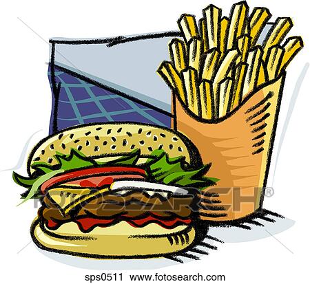A cheeseburger and a serving of fries View Large Illustration Clip Art - A cheeseburger and a serving of fries. Fotosearch