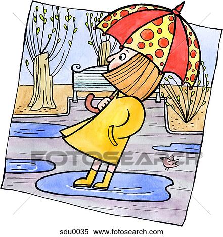 Stock Illustration - A girl standing in a puddle holding an umbrella. Fotosearch