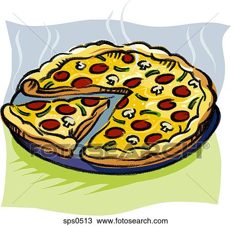 A pan of sliced pizza View Large Illustration Drawing - A pan of sliced pizza. Fotosearch