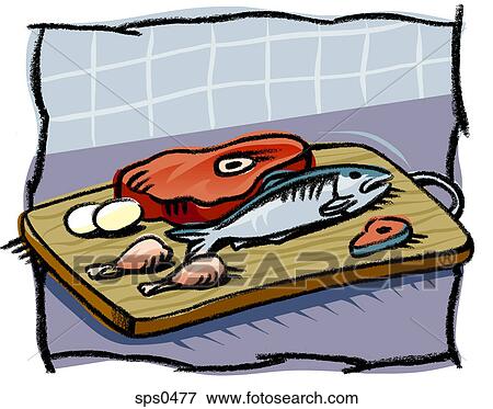 Stock Illustration - A picture of some seafood, poultry and meat. Fotosearch