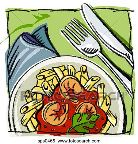 Stock Illustration - A plate of penne with shrimps. Fotosearch