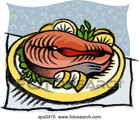 A plate of salmon steak View Large Illustration Stock Illustration - A plate of salmon steak. Fotosearch