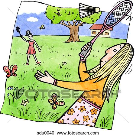 Clipart - Two women playing badminton outdoors. Fotosearch