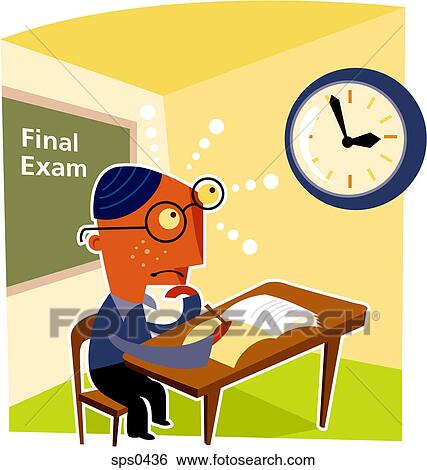 Stock Illustration - A bespectacled boy taking a final exam. Fotosearch