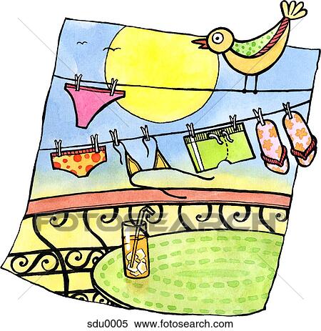 Stock Illustration - A bikini, swim trunks and sandals hanging on a clothes line in the sun. Fotosearch