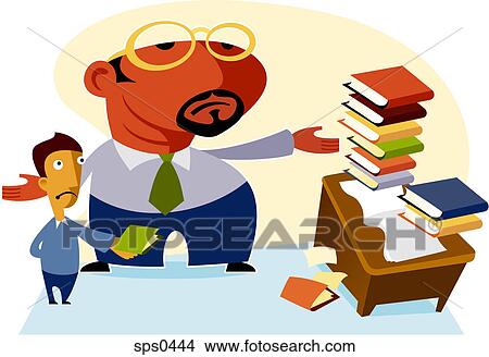 A boy and his teacher look at a big stack of homework lying on the desk View Large Illustration Stock Illustration - A boy and his teacher look at a big stack of homework lying on the desk. Fotosearch